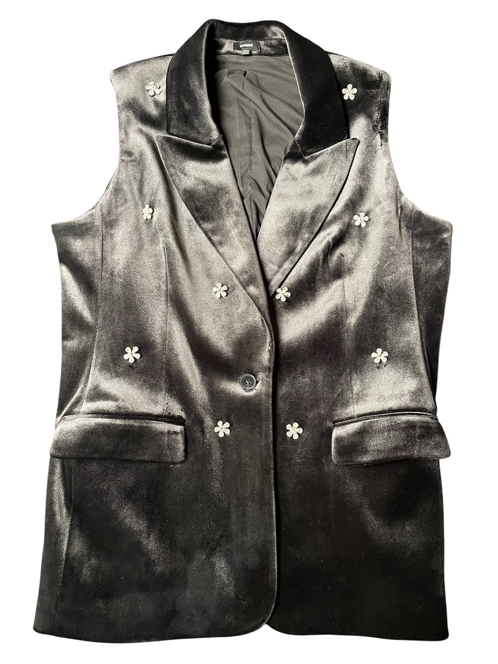 Express Velvet Crystal Flower Long Vest Black Size XL Holiday Party Night Chic
